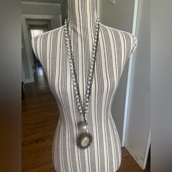 Plunder Antiqued dark metal & White Pearl Long Pendant Necklace - Picture 1 of 7